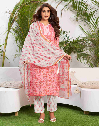 Rose Pink Printed Rayon Straight Kurta Set With Dupatta