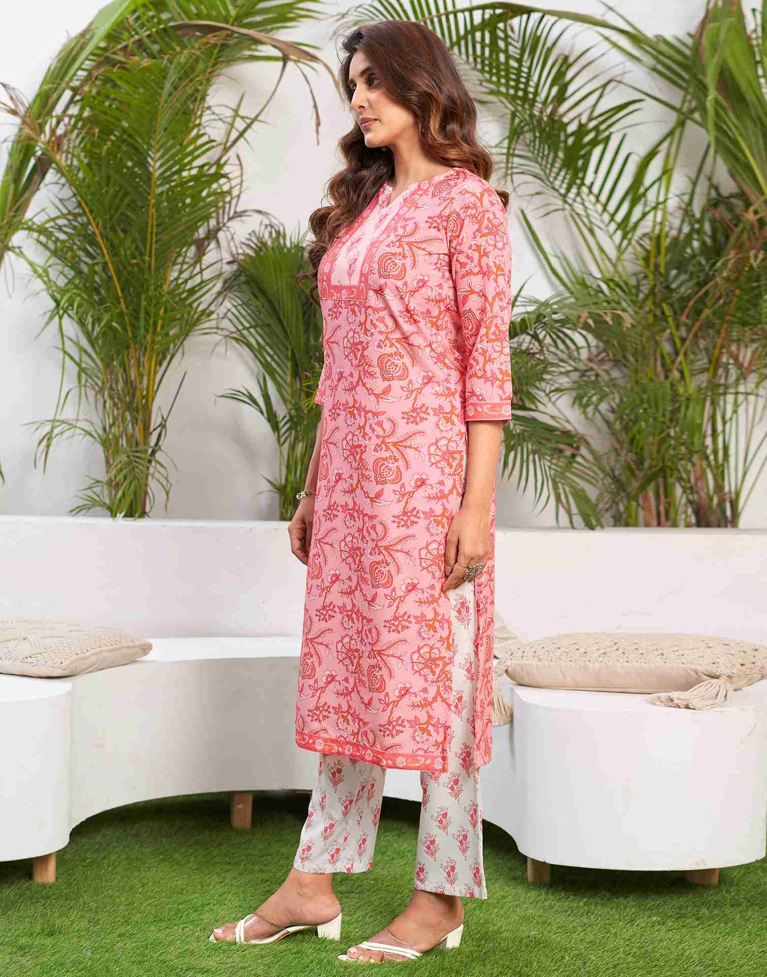 Rose Pink Printed Rayon Straight Kurta Set With Dupatta