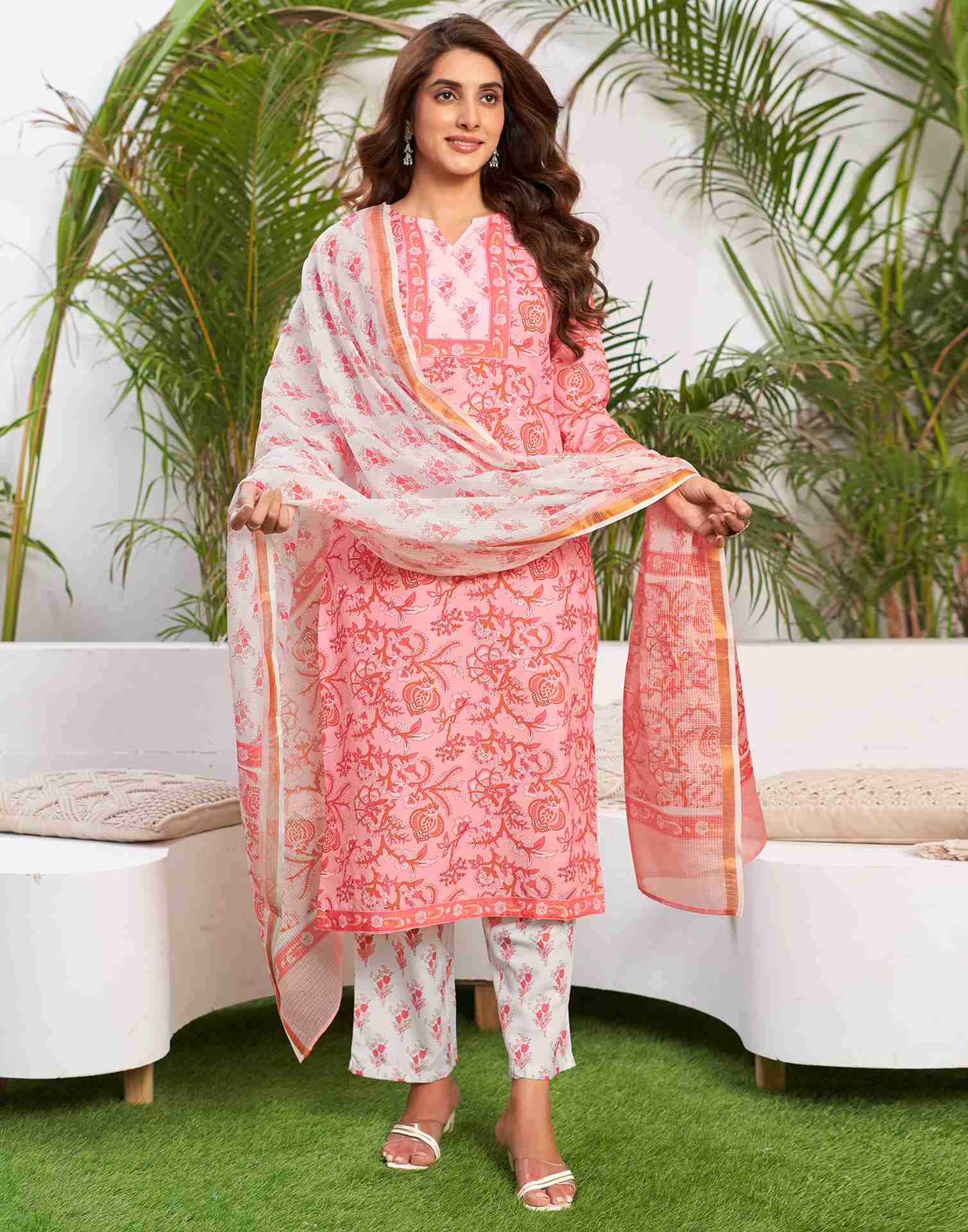 Rose Pink Printed Rayon Straight Kurta Set With Dupatta