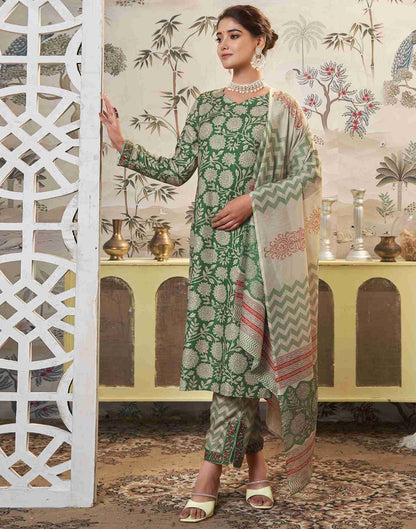 Green Printed Rayon Straight Kurta Set With Dupatta