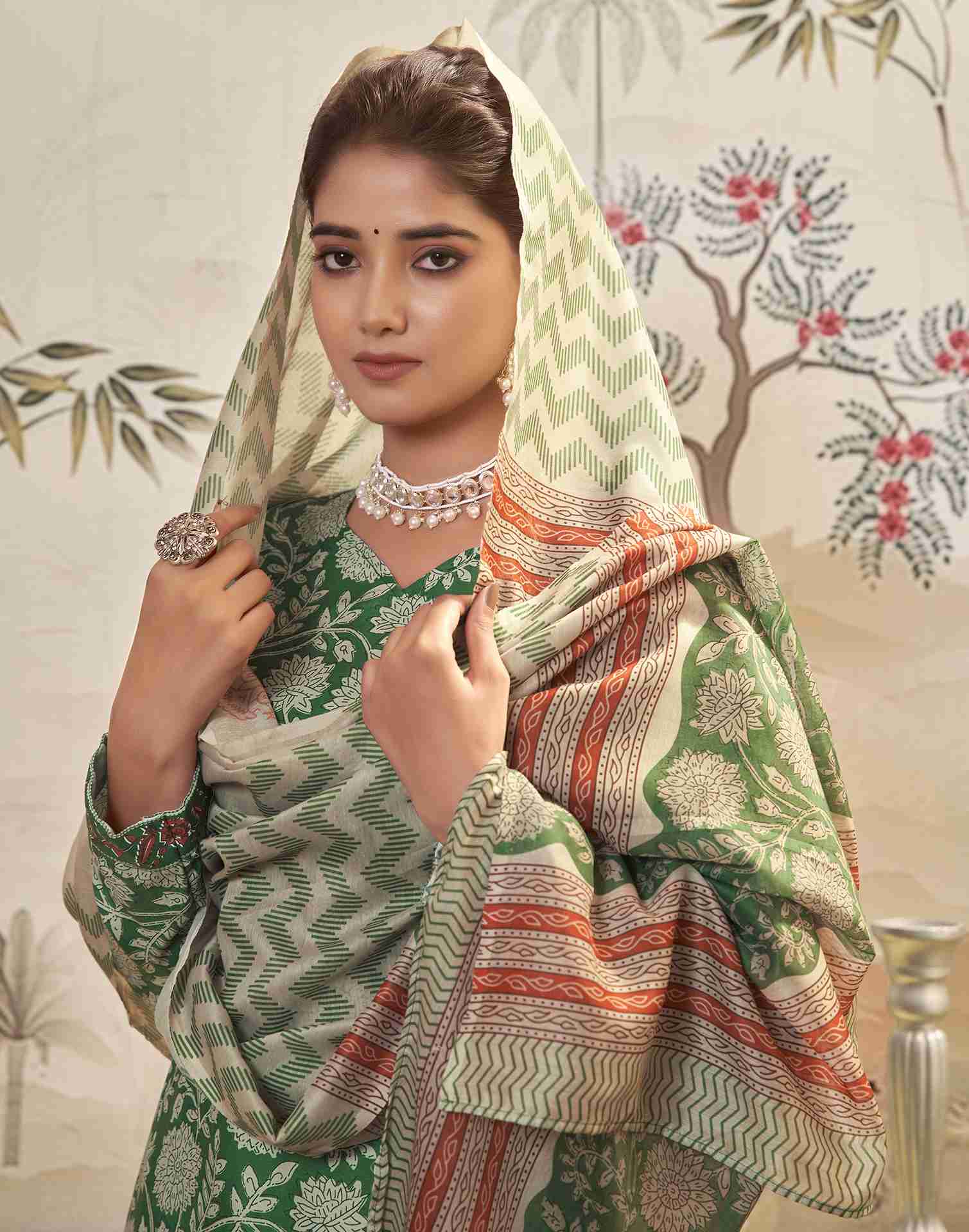 Green Printed Rayon Straight Kurta Set With Dupatta