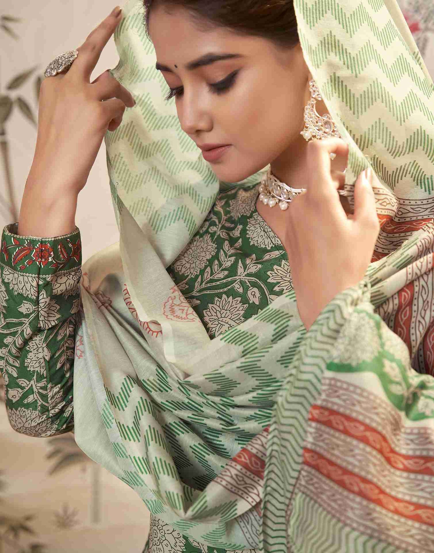 Green Printed Rayon Straight Kurta Set With Dupatta