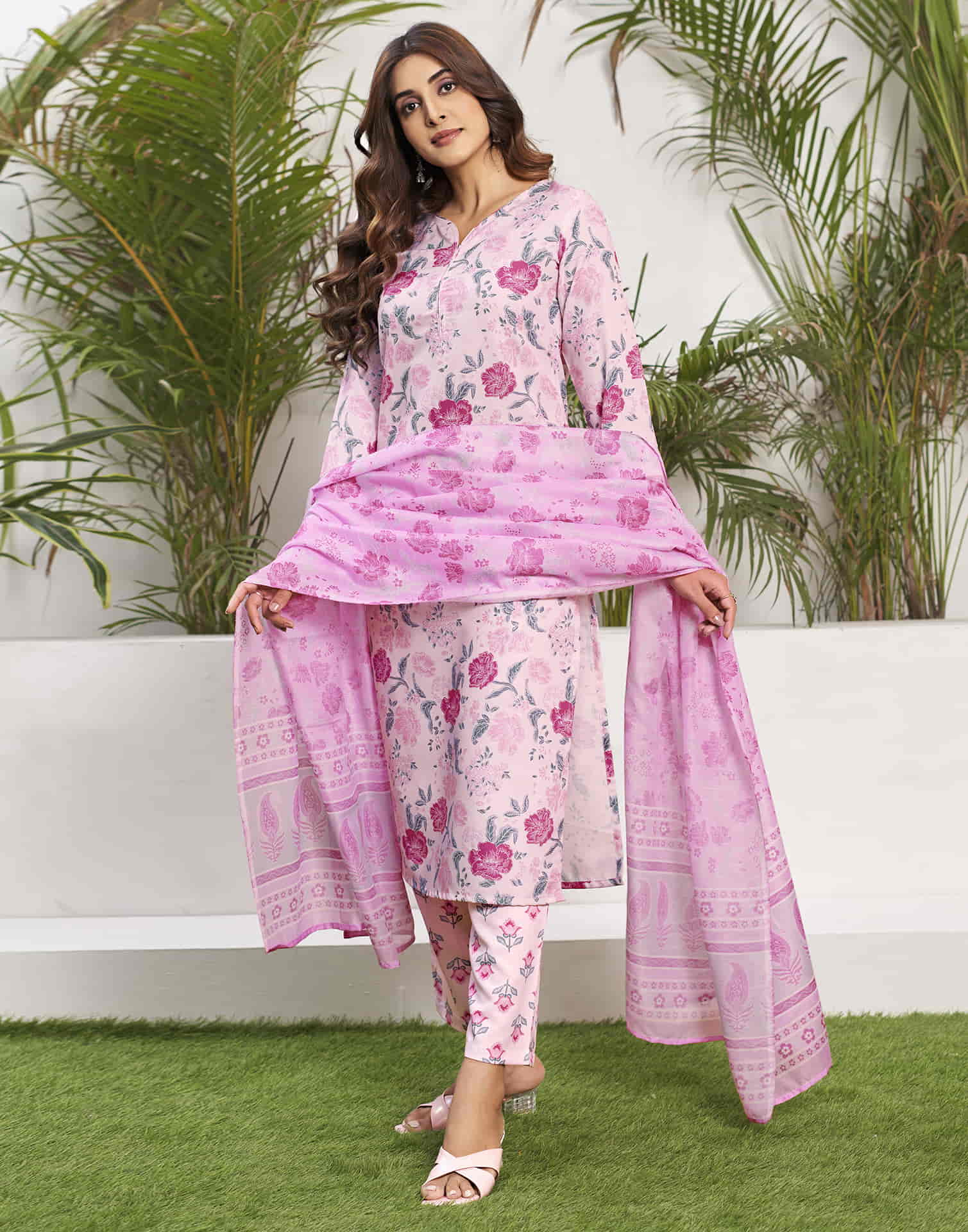 Light Pink Printed Rayon Straight Kurta With Pant And Dupatta