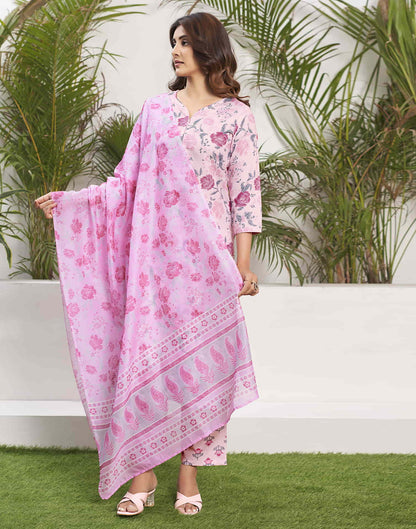 Light Pink Printed Rayon Straight Kurta With Pant And Dupatta