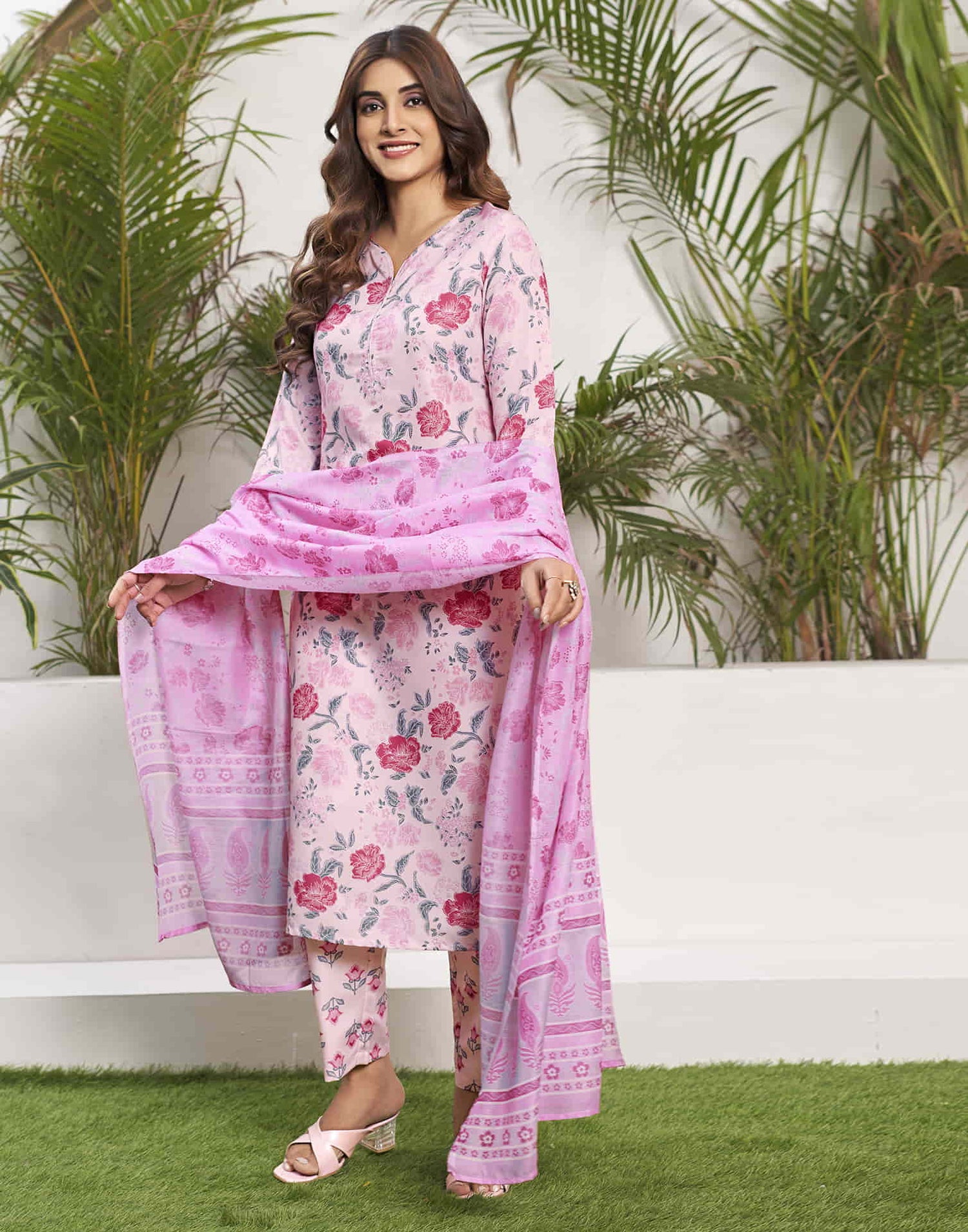 Light Pink Printed Rayon Straight Kurta With Pant And Dupatta