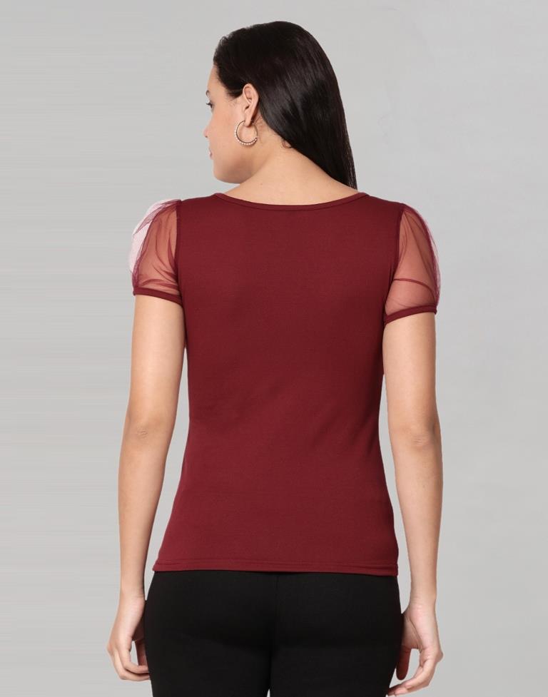 Maroon coloured Knitted Lycra Top | Sudathi