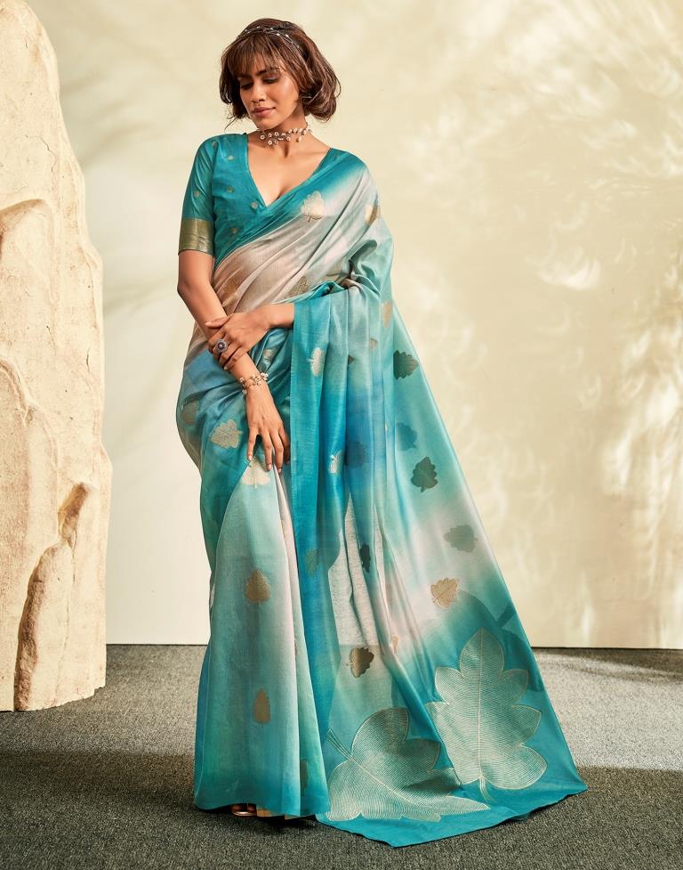 Turquoise Printed Modal Silk Saree