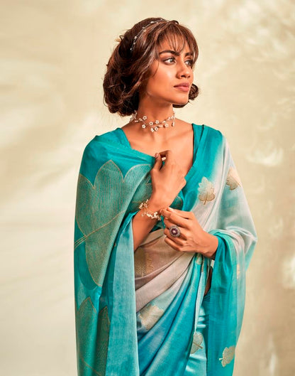 Turquoise Printed Modal Silk Saree