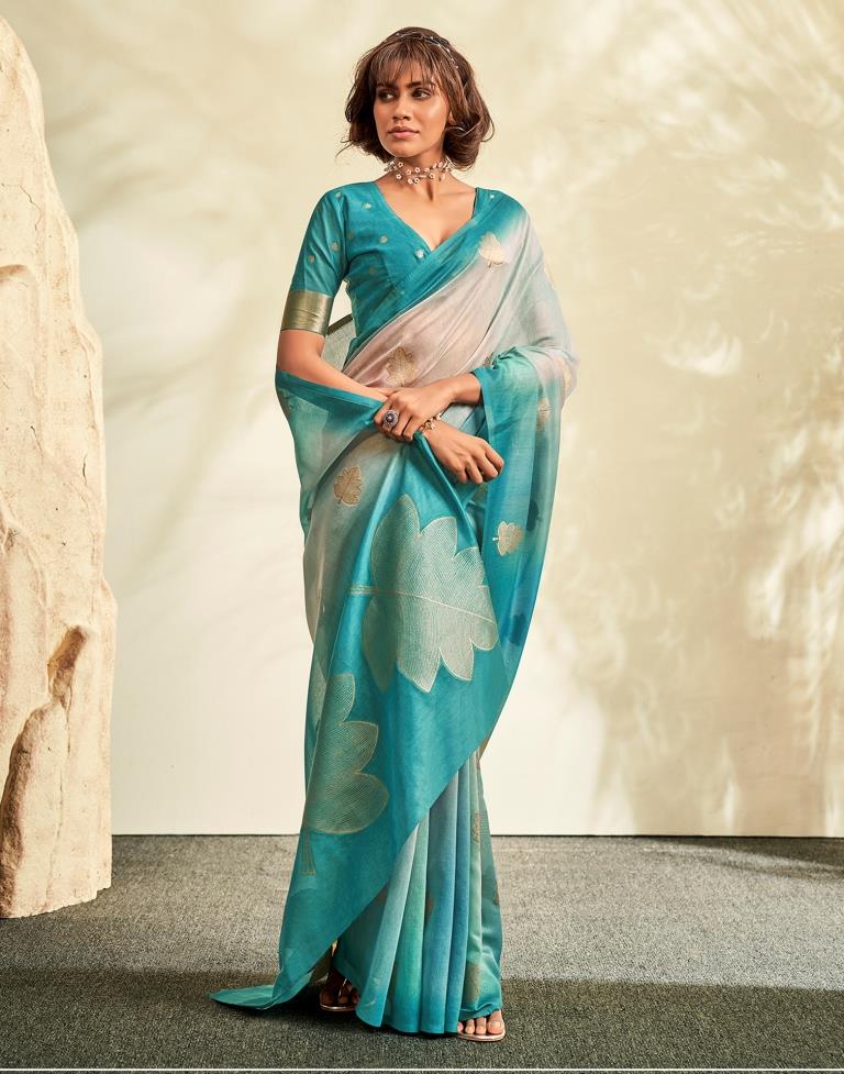 Turquoise Printed Modal Silk Saree