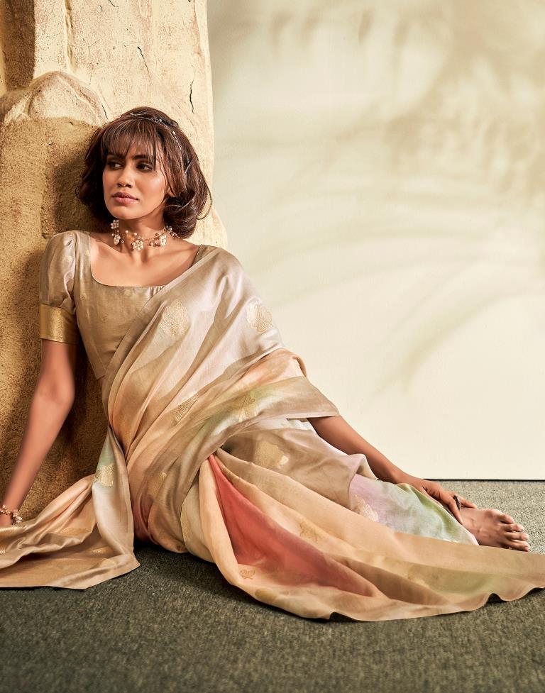 Beige Printed Modal Silk Saree