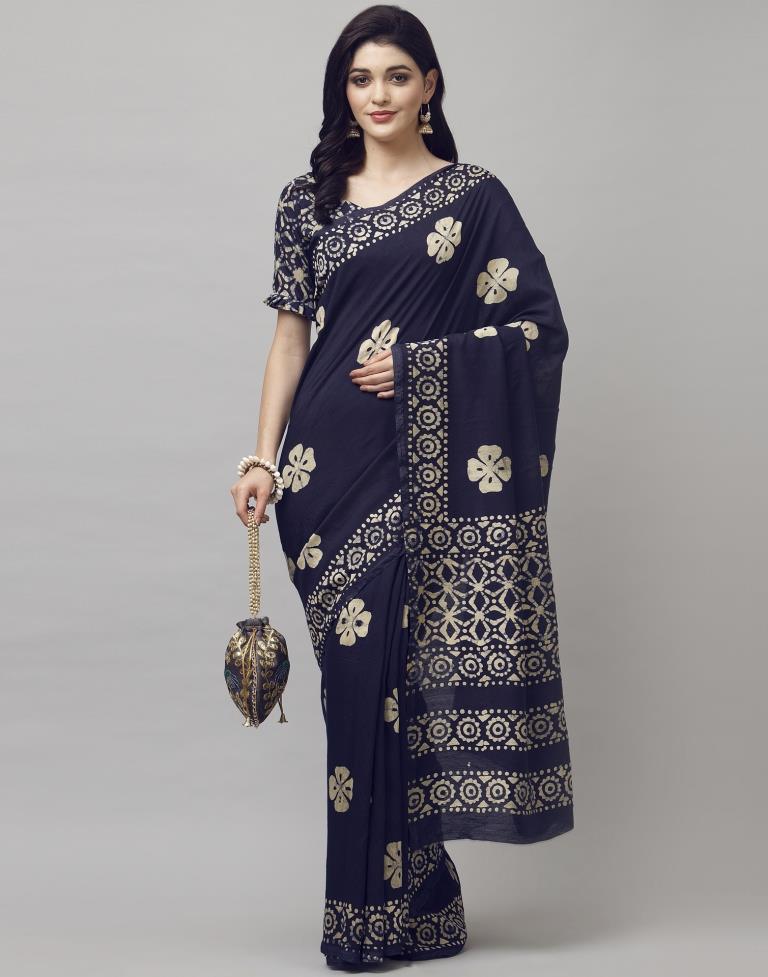 Navy Blue Coloured Poly Cotton Printed Casual saree | Sudathi