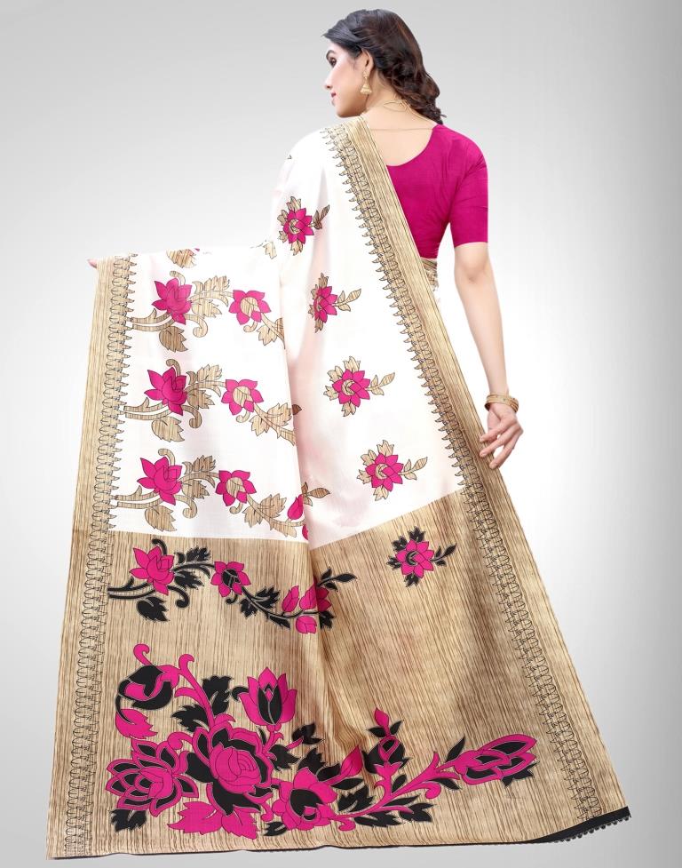 White Coloured Poly Silk Printed Partywear saree | Sudathi