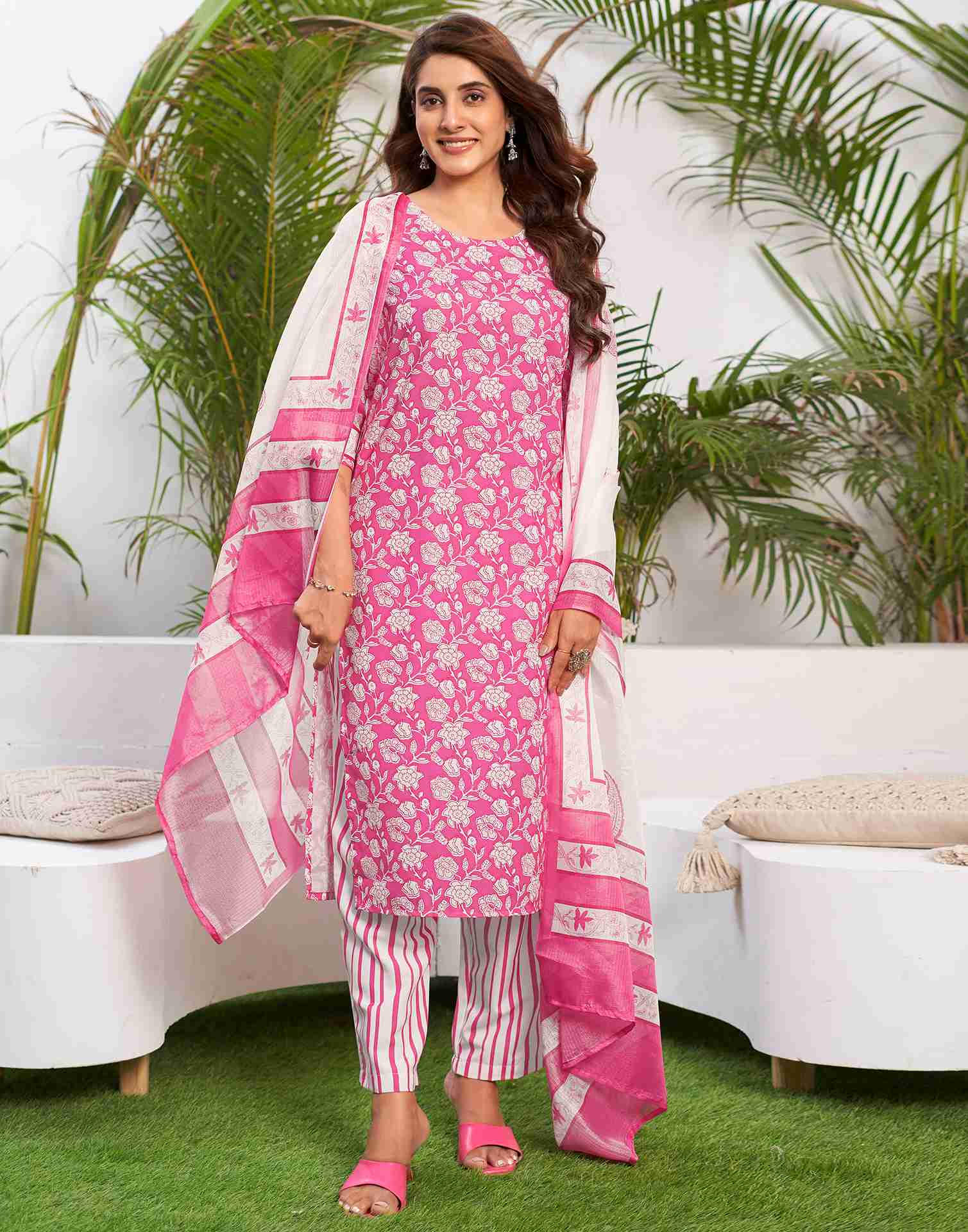 Pink Printed Rayon Straight Kurta Set With Dupatta