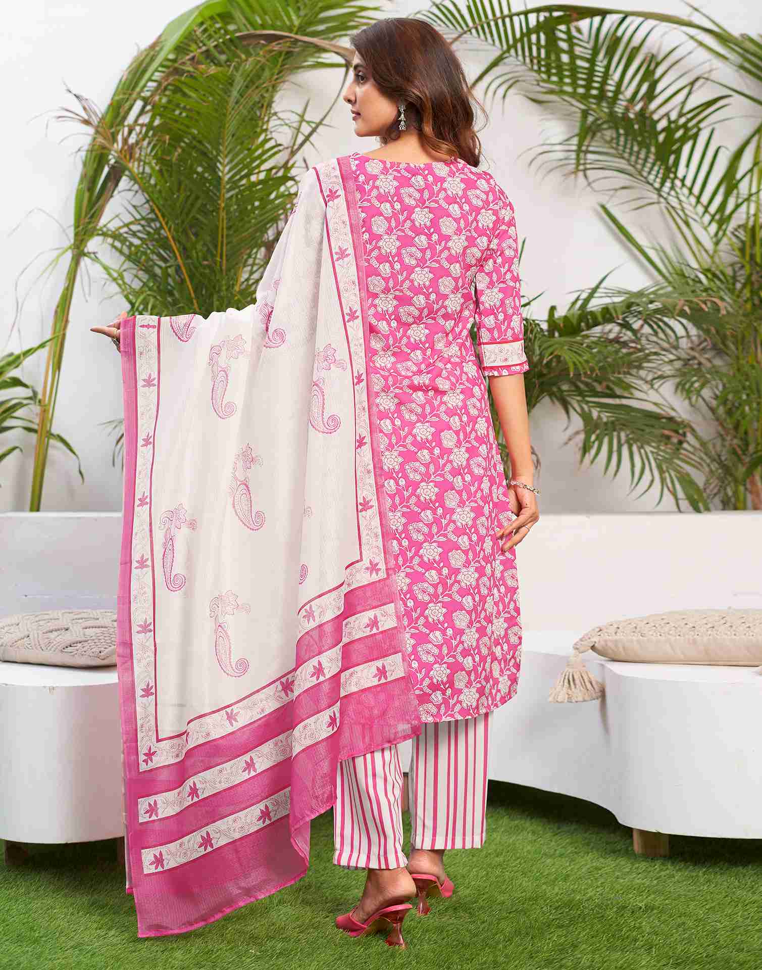 Pink Printed Rayon Straight Kurta Set With Dupatta