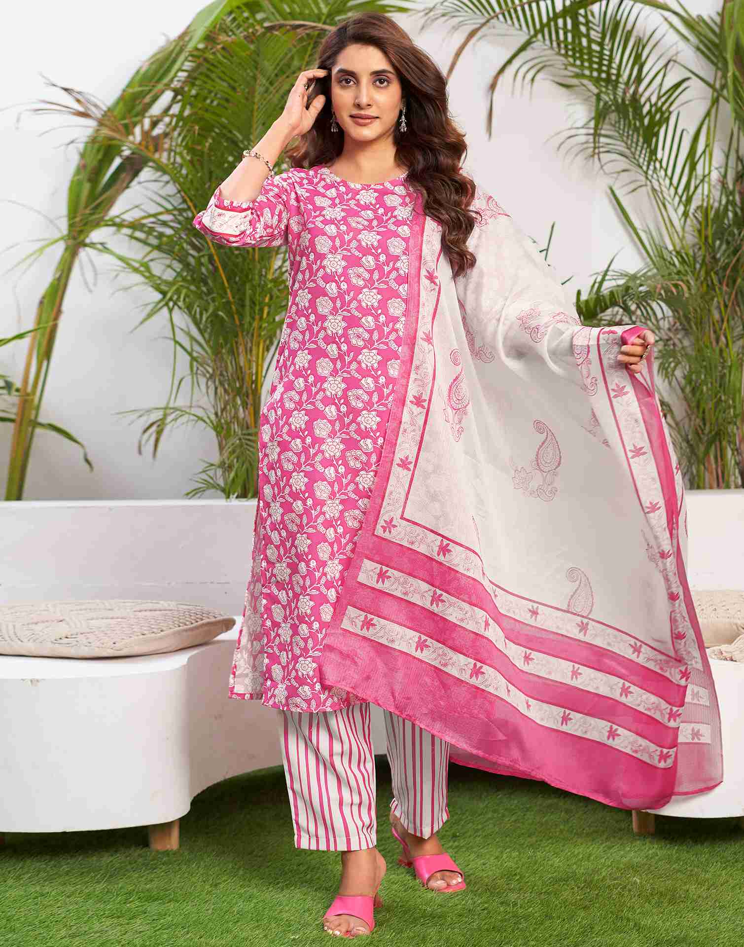 Pink Printed Rayon Straight Kurta Set With Dupatta