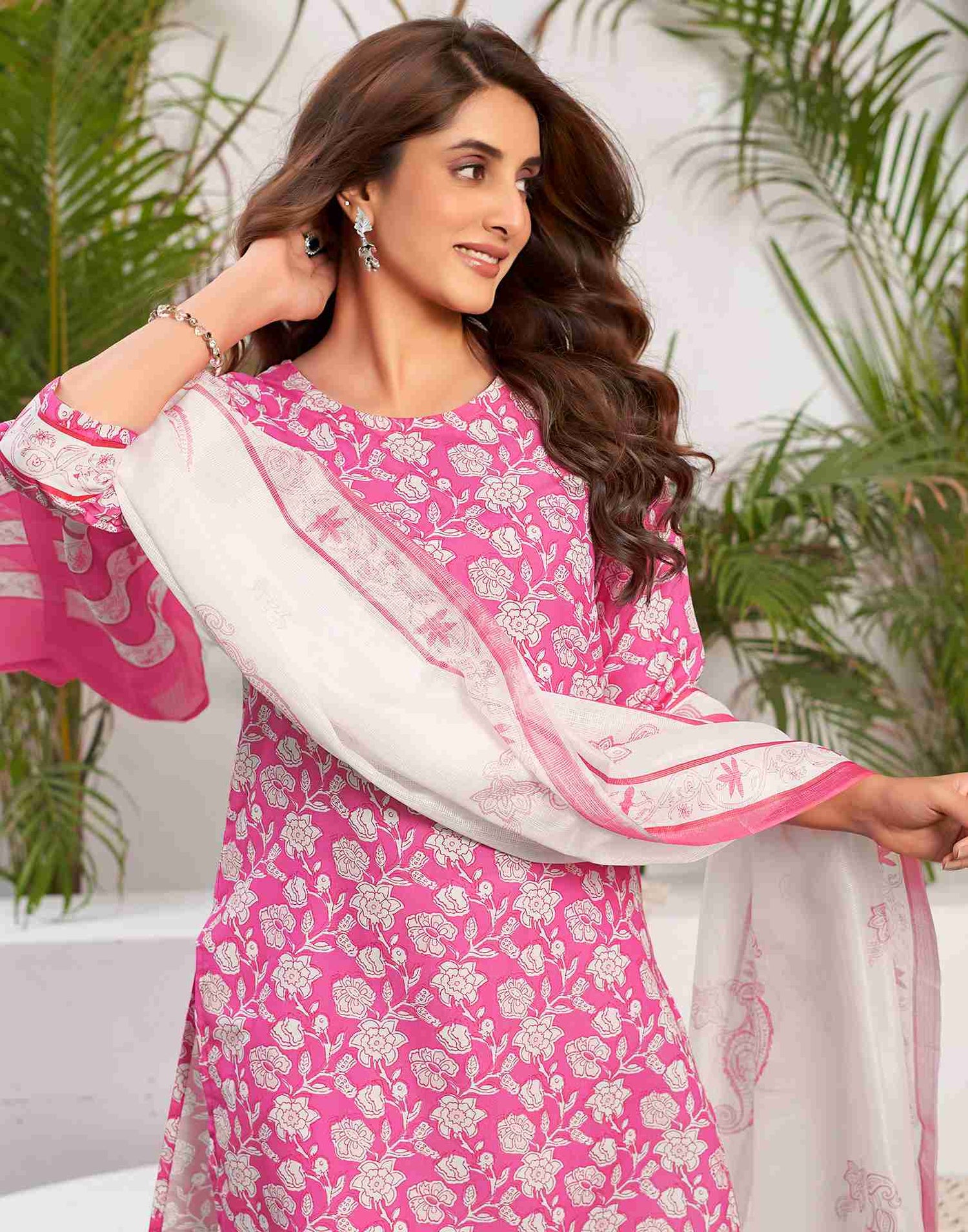 Pink Printed Rayon Straight Kurta Set With Dupatta