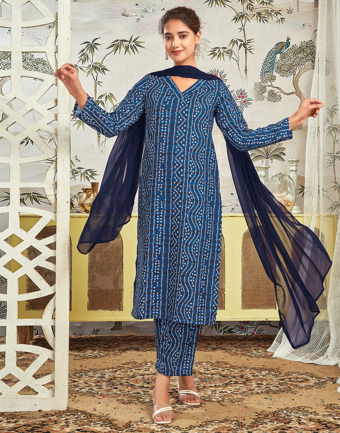 Dark Blue Rayon Bandhani Straight Kurta Set With Dupatta