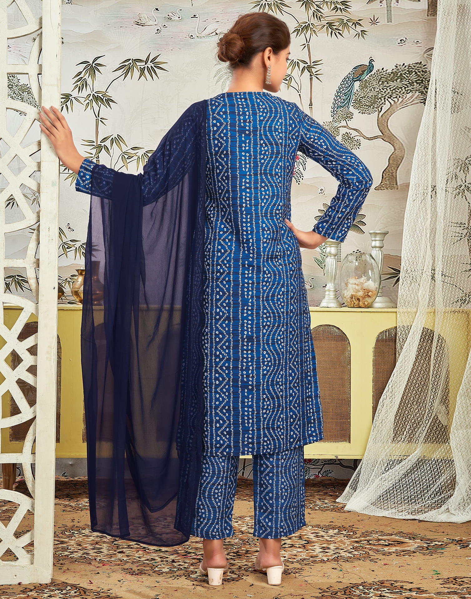 Dark Blue Rayon Bandhani Straight Kurta Set With Dupatta