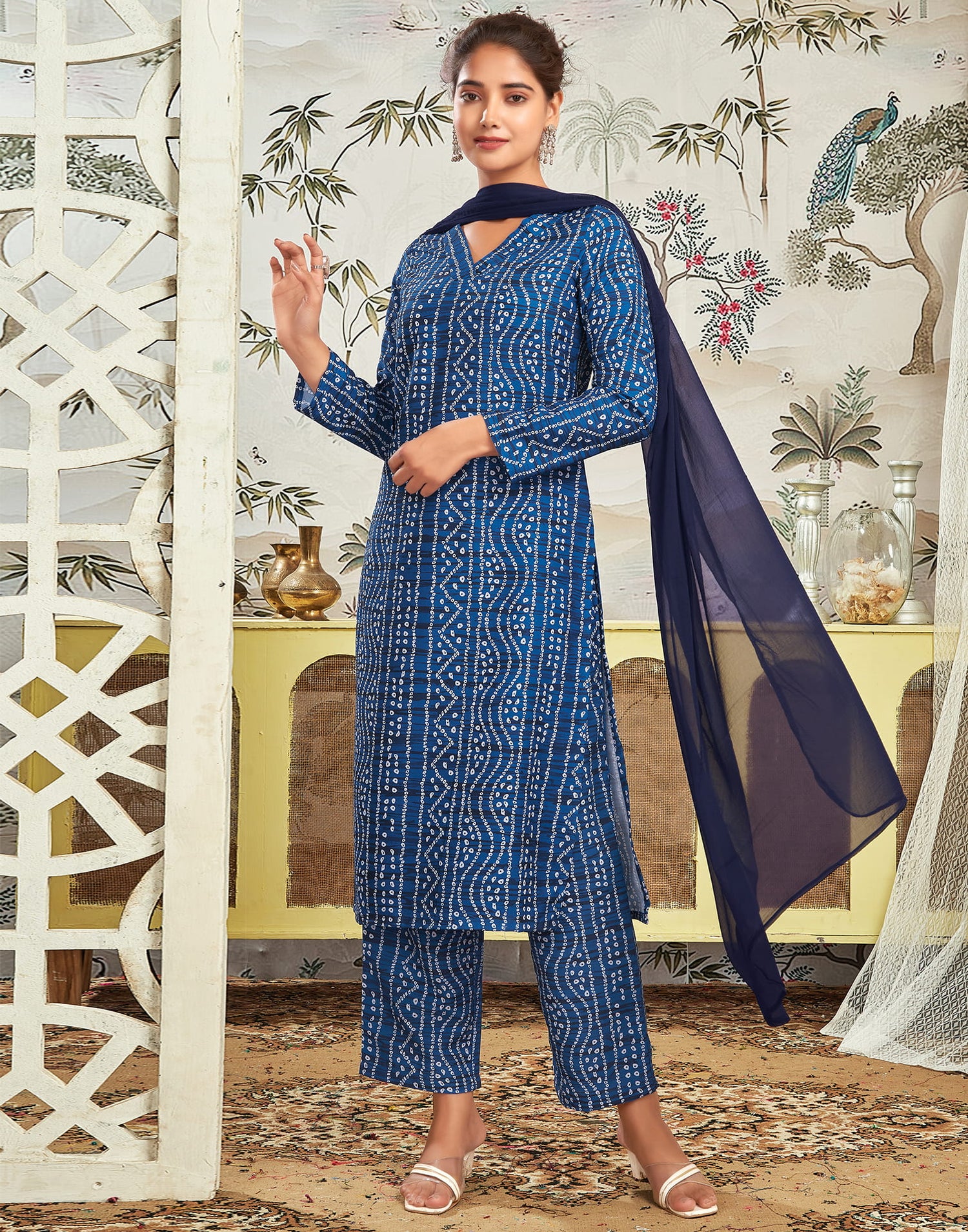 Dark Blue Rayon Bandhani Straight Kurta Set With Dupatta