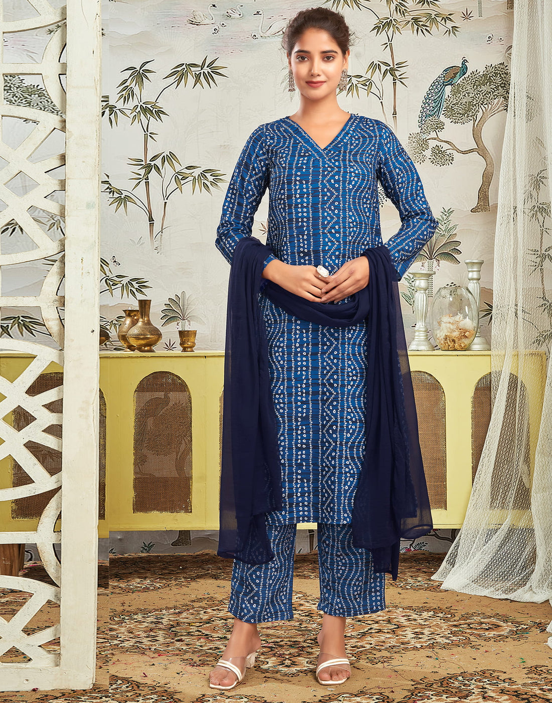 Dark Blue Rayon Bandhani Straight Kurta Set With Dupatta