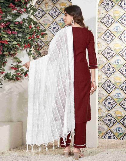 Maroon Embroidery Cotton Straight Kurta Set With Dupatta