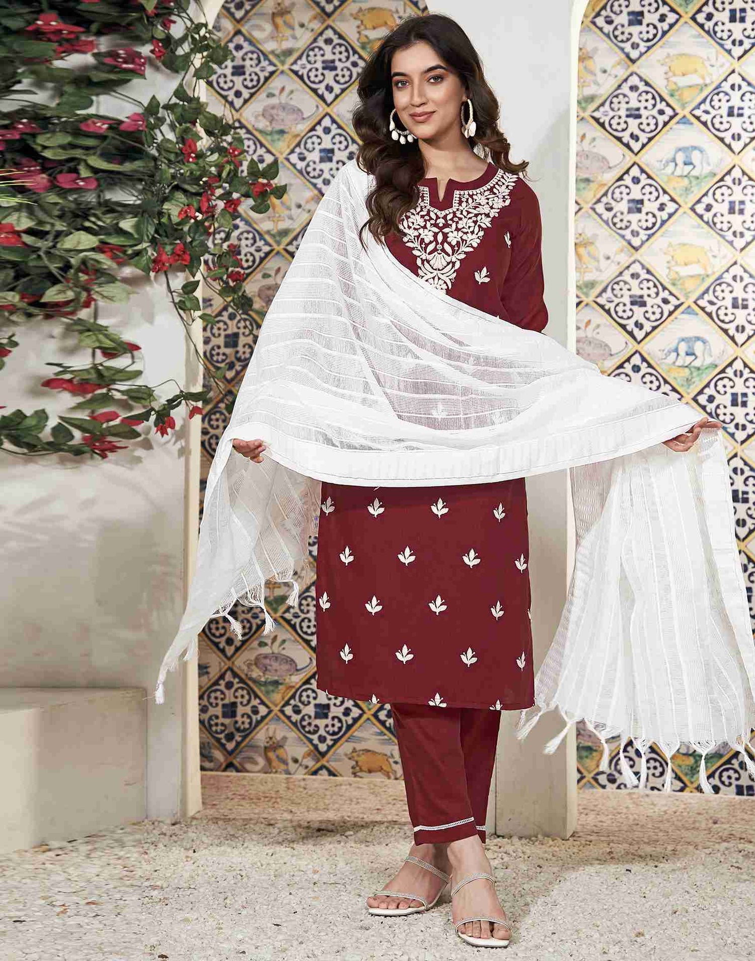 Maroon Embroidery Cotton Straight Kurta Set With Dupatta