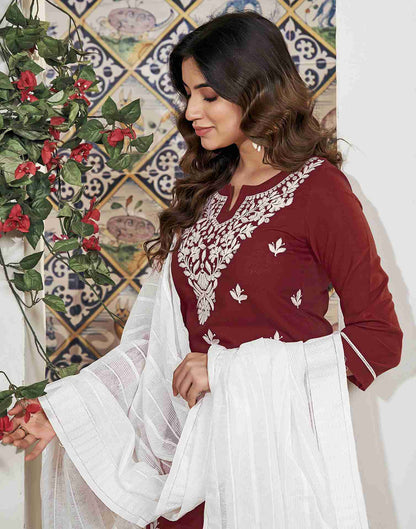 Maroon Embroidery Cotton Straight Kurta Set With Dupatta