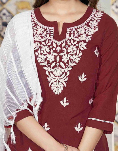 Maroon Embroidery Cotton Straight Kurta Set With Dupatta