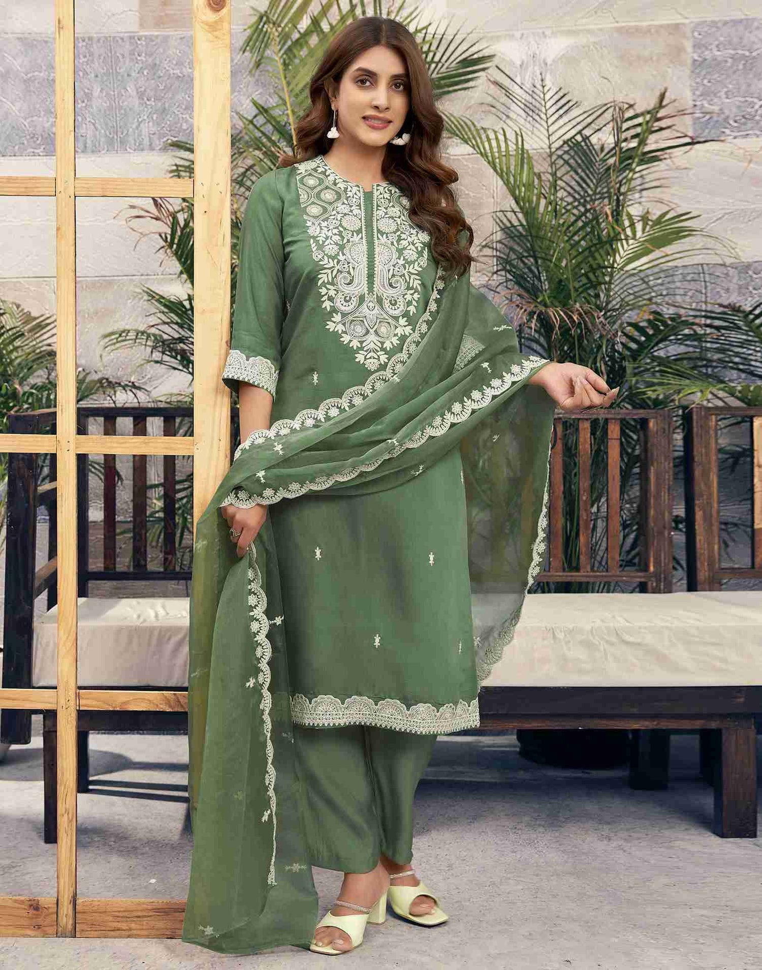 Dusty Green Embroidery Silk Straight Kurta Set With Dupatta