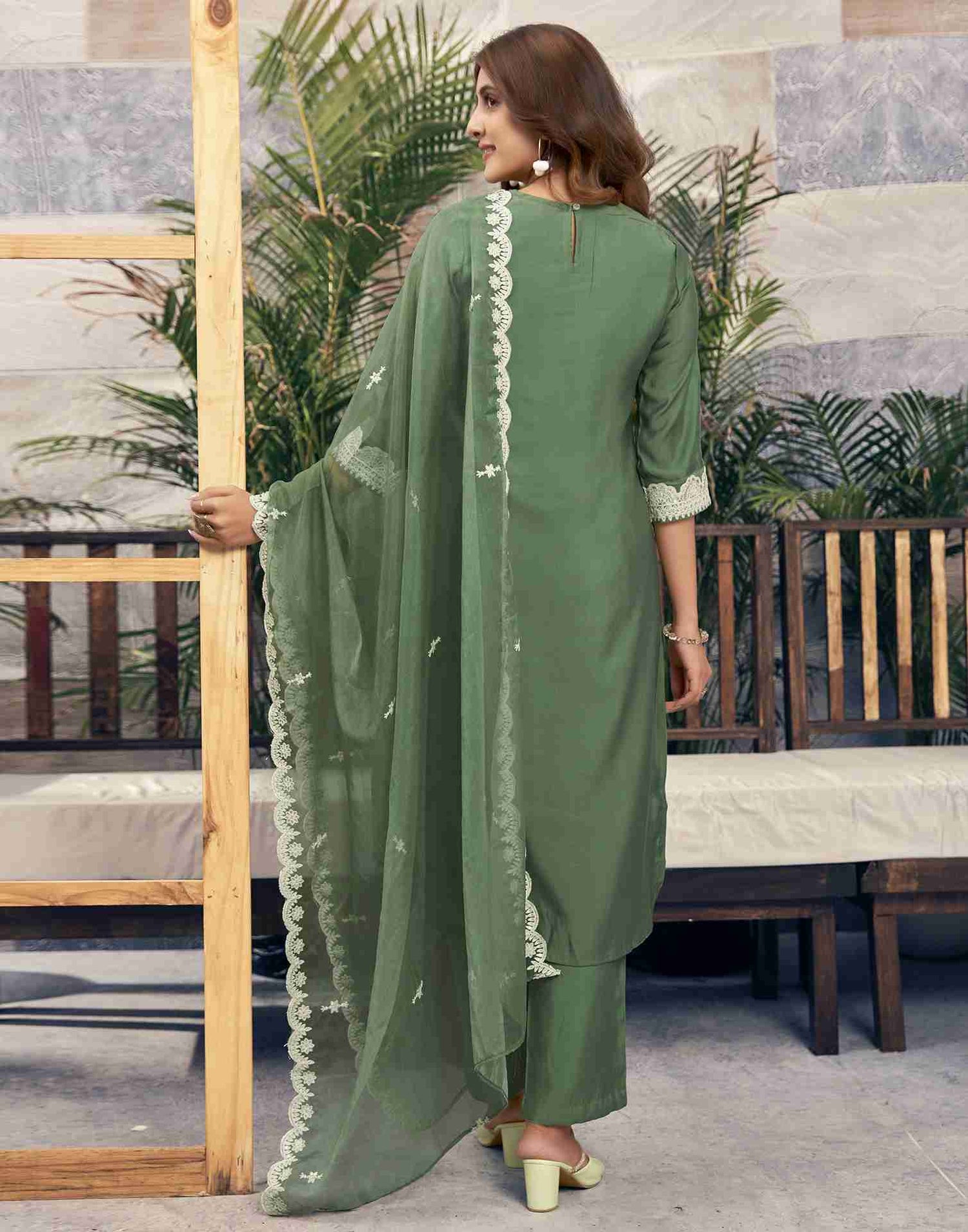 Dusty Green Embroidery Silk Straight Kurta Set With Dupatta