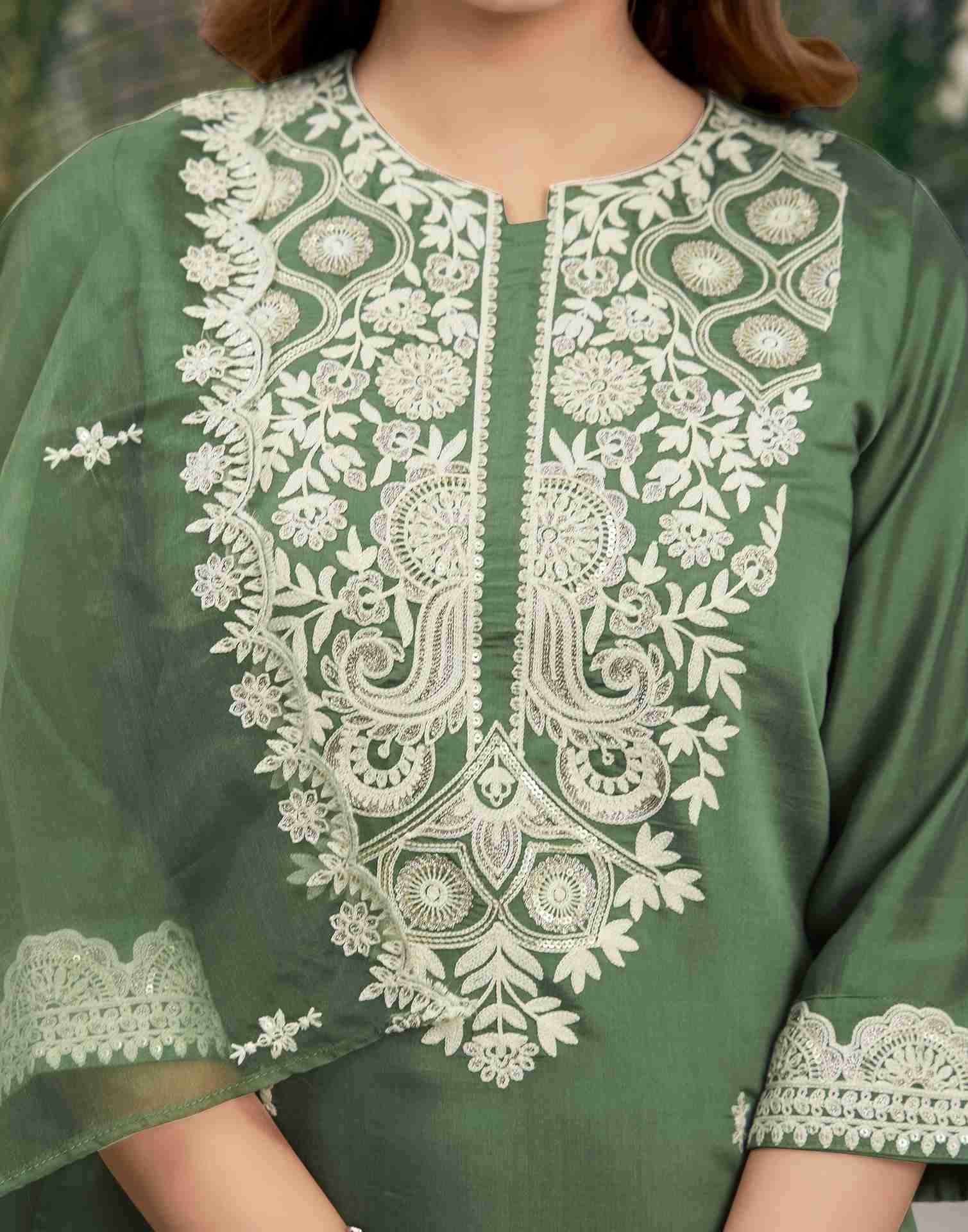 Dusty Green Embroidery Silk Straight Kurta Set With Dupatta