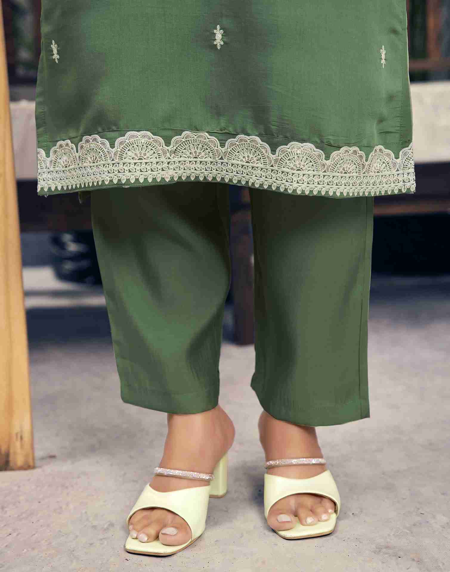 Dusty Green Embroidery Silk Straight Kurta Set With Dupatta