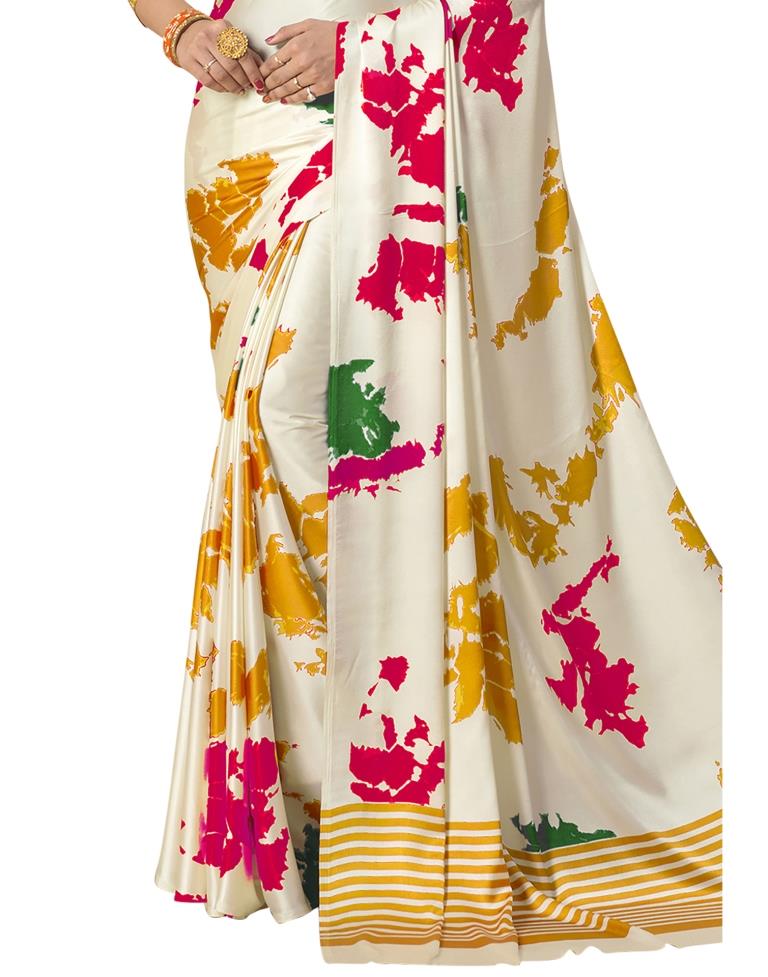 White Coloured Satin Silk Printed Partywear saree | Sudathi