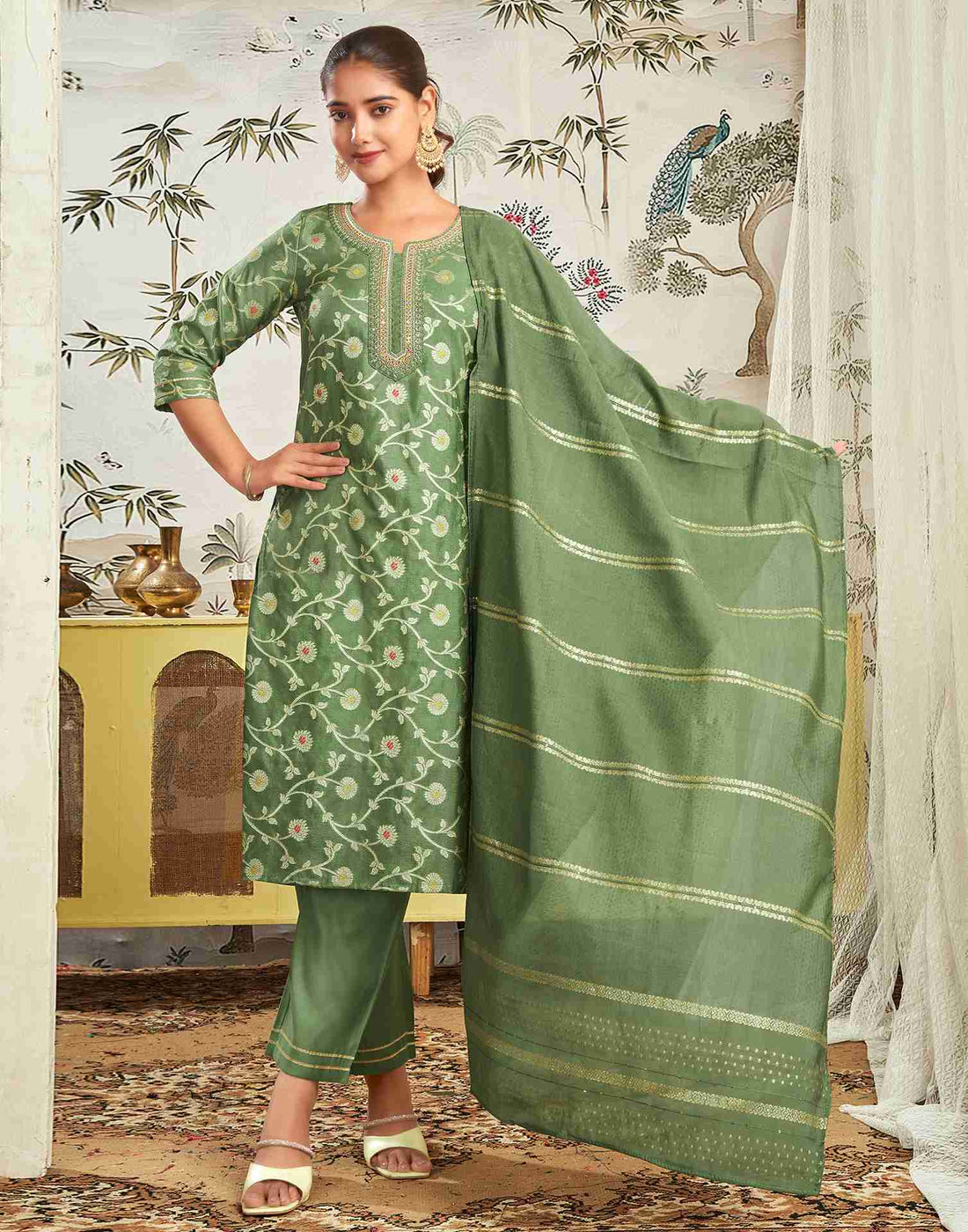 Pista Green Silk Embroidery Straight Kurta Set With Dupatta