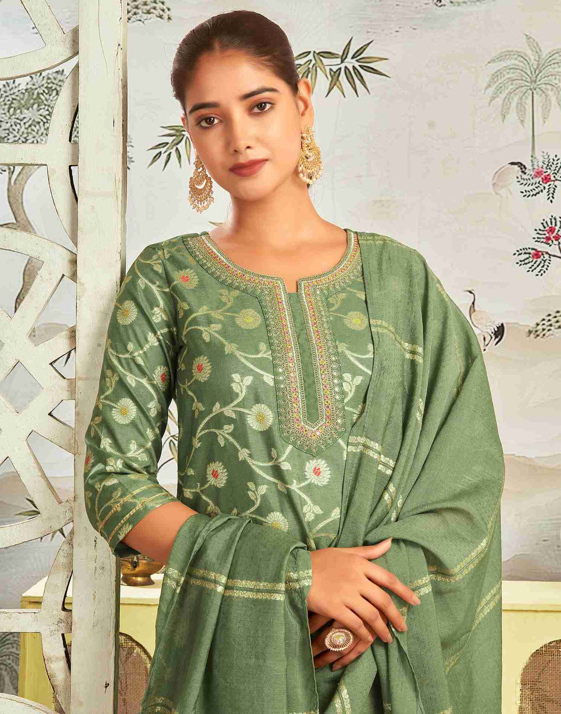 Pista Green Silk Embroidery Straight Kurta Set With Dupatta