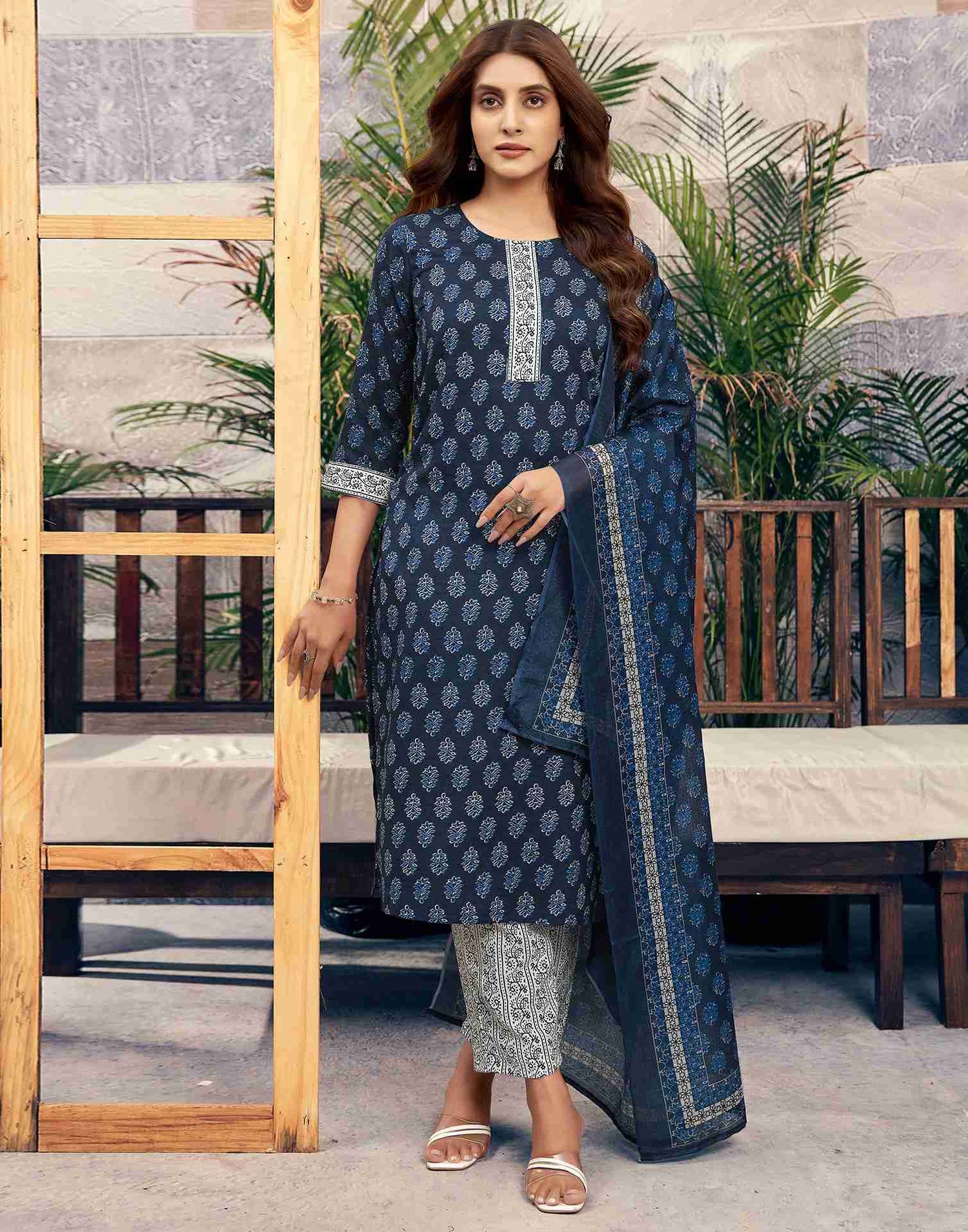 Navy Blue Printed Cotton Straight Kurta Set With Dupatta