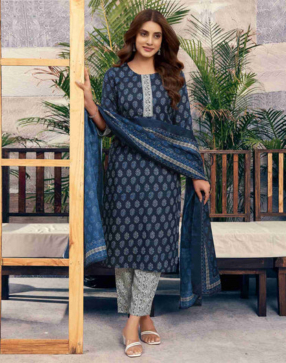 Navy Blue Printed Cotton Straight Kurta Set With Dupatta