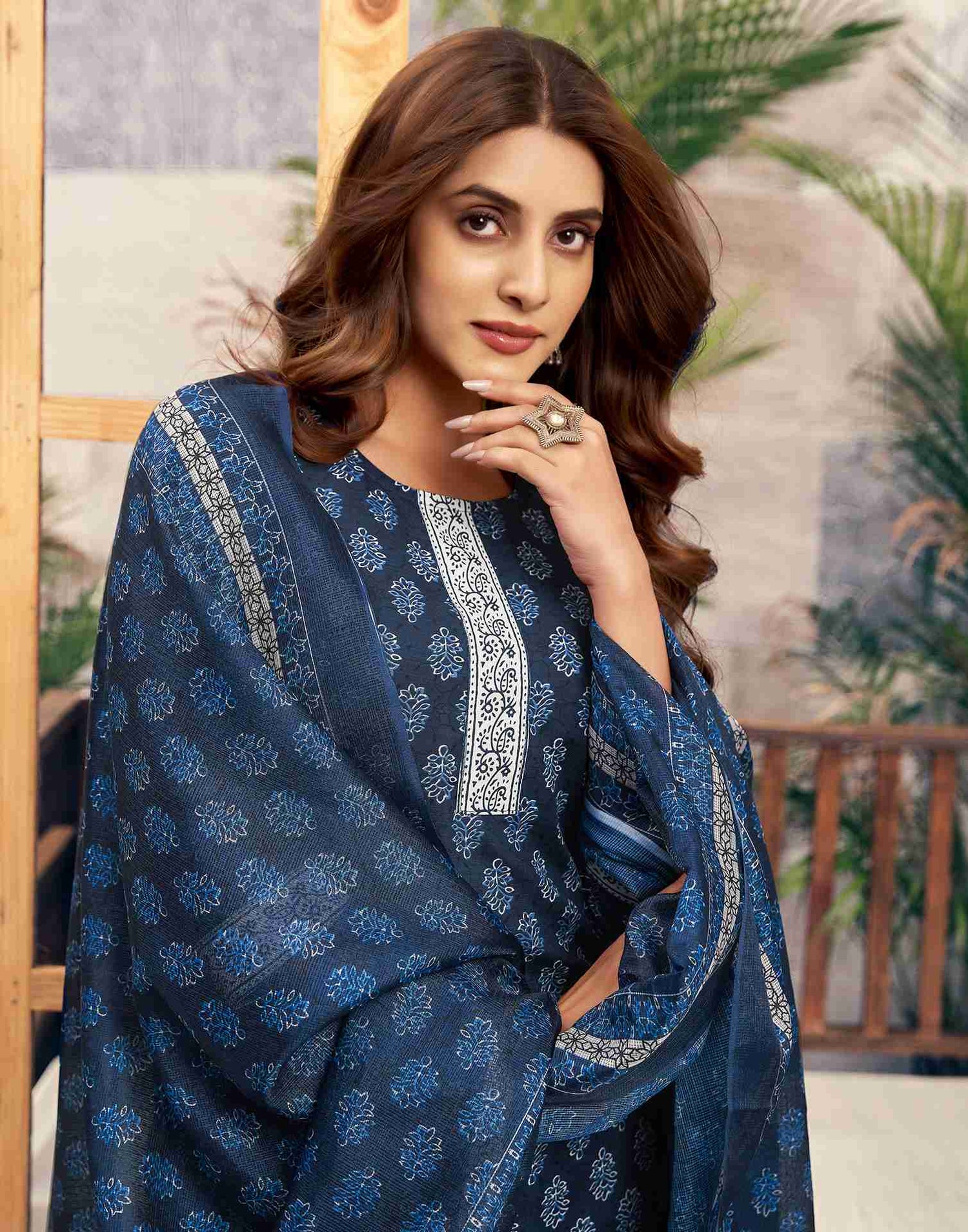 Navy Blue Printed Cotton Straight Kurta Set With Dupatta