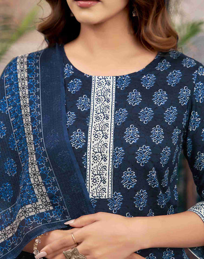 Navy Blue Printed Cotton Straight Kurta Set With Dupatta