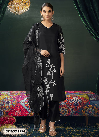 Black Silk  Embroidery Straight Kurta Set with Dupatta