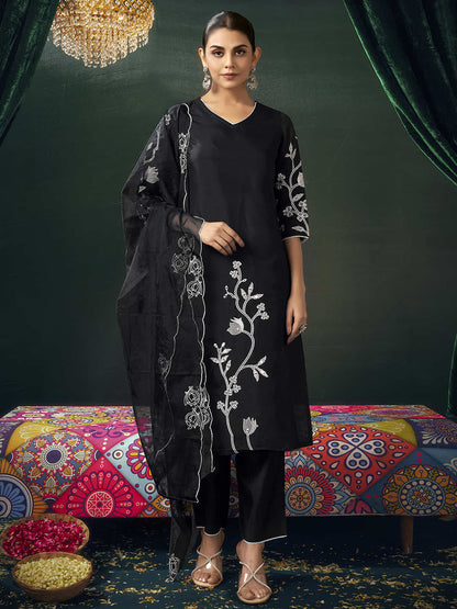 Black Silk  Embroidery Straight Kurta Set with Dupatta