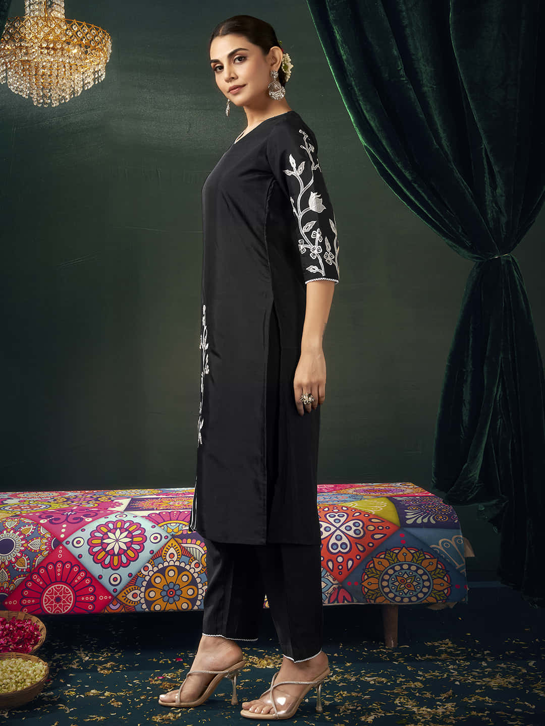 Black Silk  Embroidery Straight Kurta Set with Dupatta