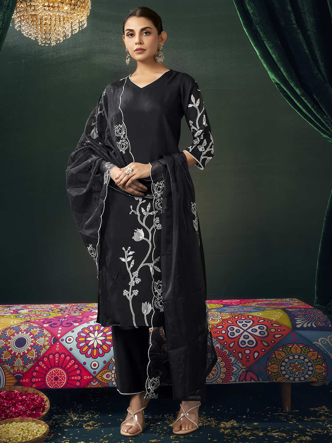 Black Silk  Embroidery Straight Kurta Set with Dupatta