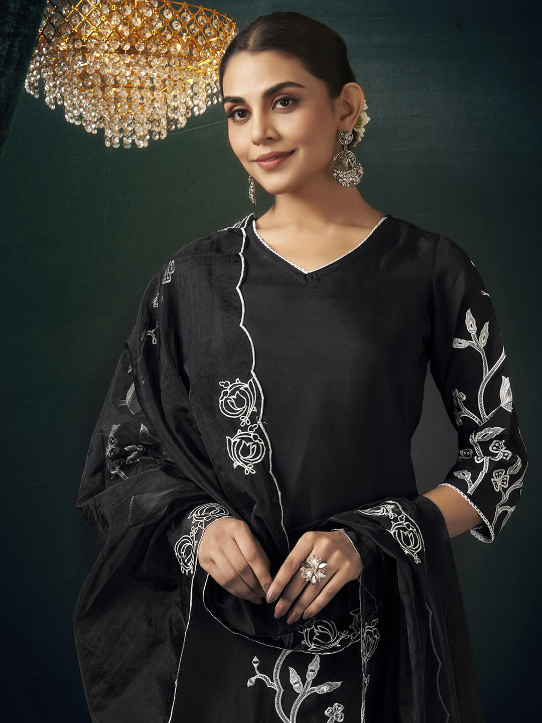 Black Silk  Embroidery Straight Kurta Set with Dupatta