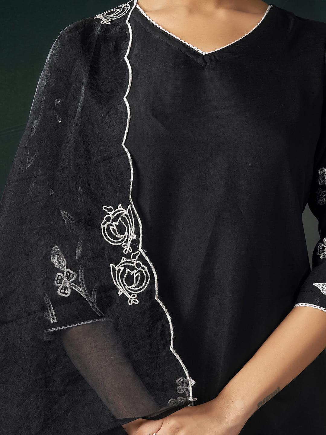 Black Silk  Embroidery Straight Kurta Set with Dupatta