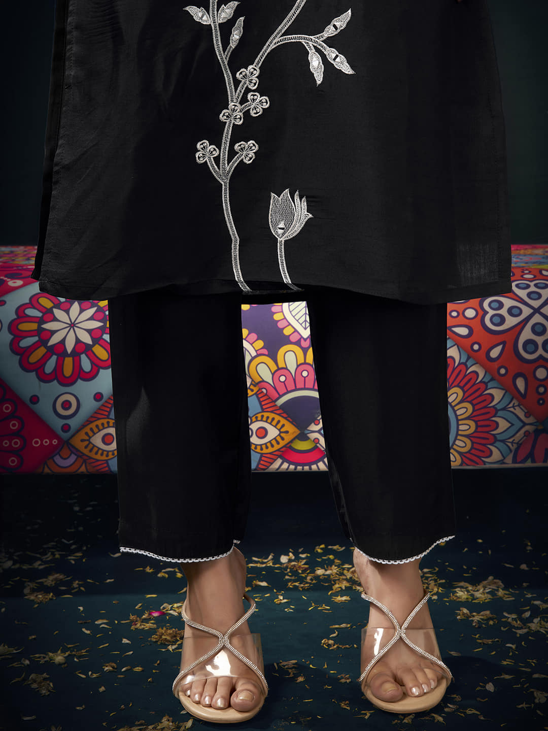 Black Silk  Embroidery Straight Kurta Set with Dupatta