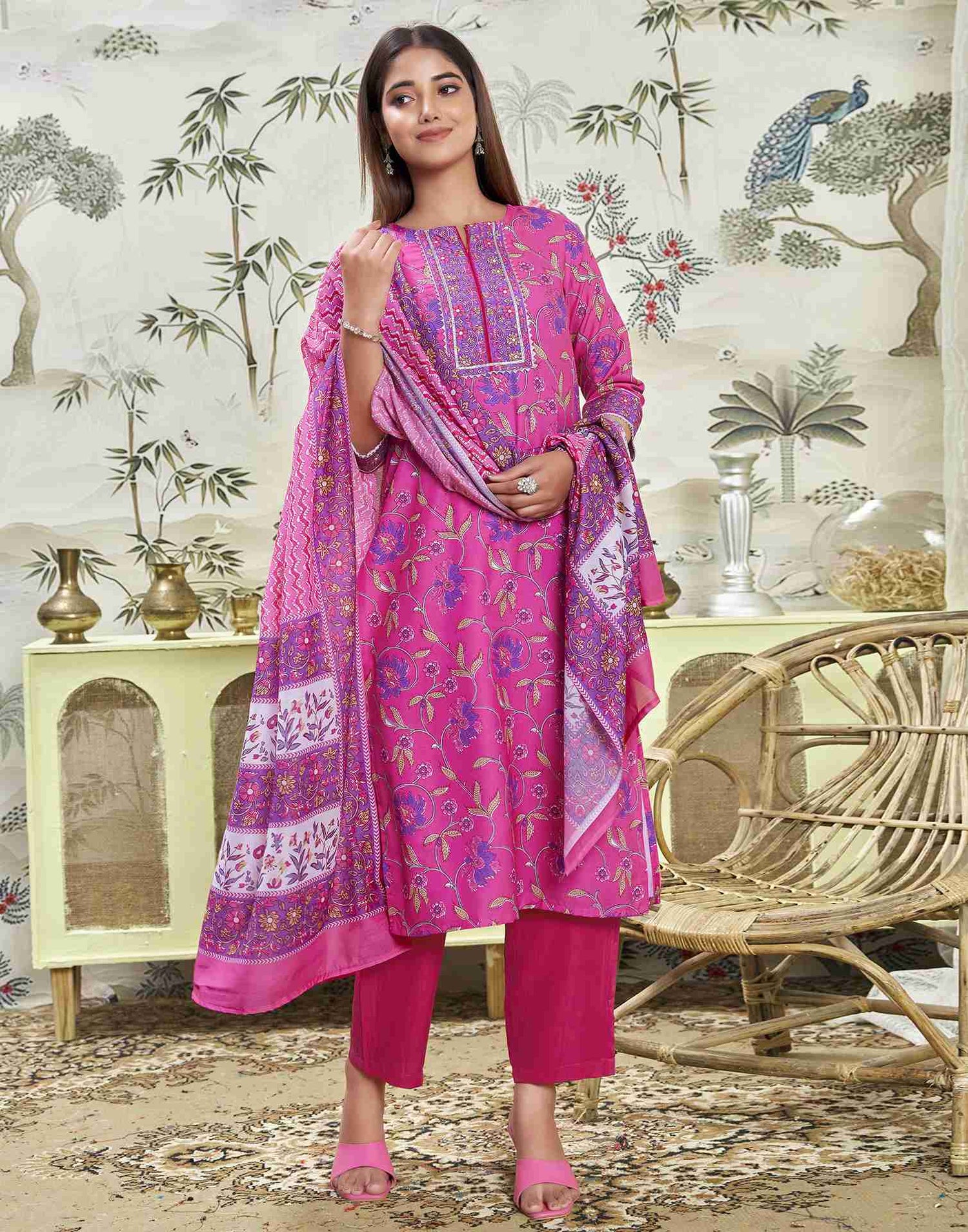 Hot Pink Printed Rayon A-Line  Kurta Set With Dupatta