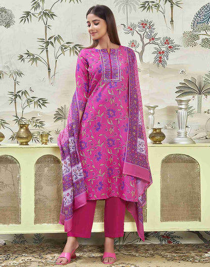 Hot Pink Printed Rayon A-Line  Kurta Set With Dupatta