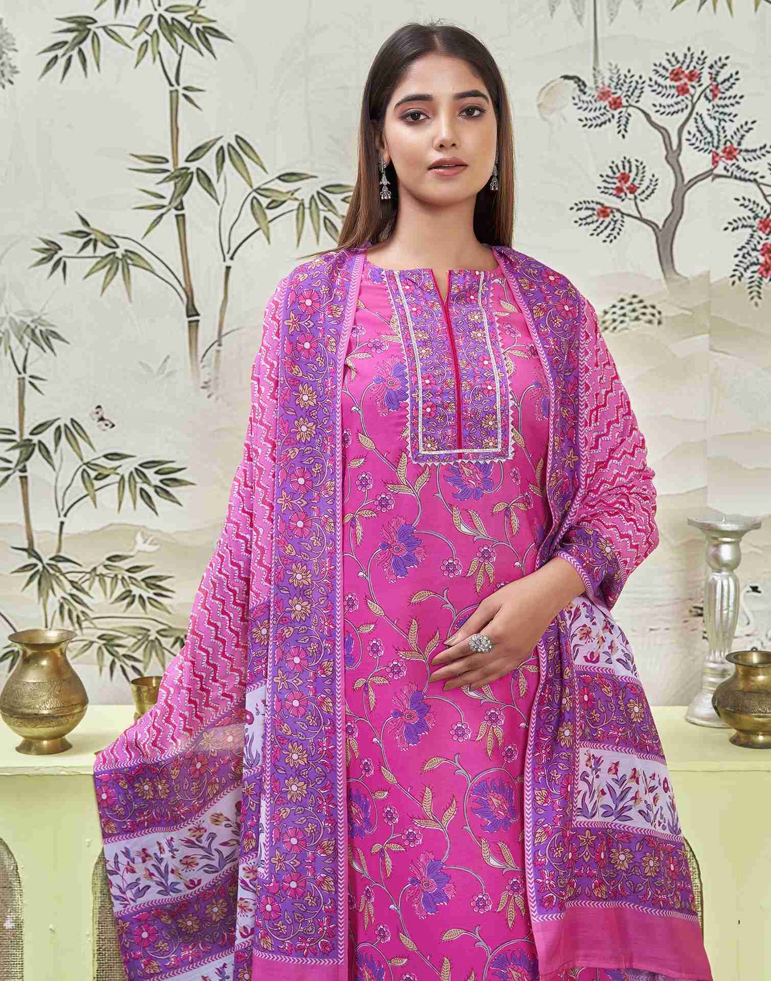 Hot Pink Printed Rayon A-Line  Kurta Set With Dupatta