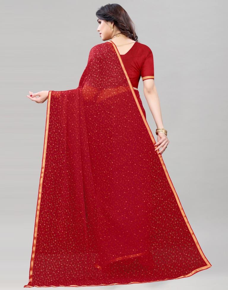 Red Coloured Printed Chiffon Saree | Sudathi